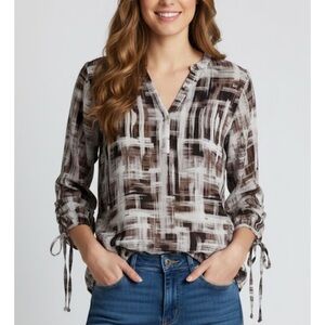 ZAC & RACHEL Abstract Print Button Details Blouse, Women’s Size L, White Brown